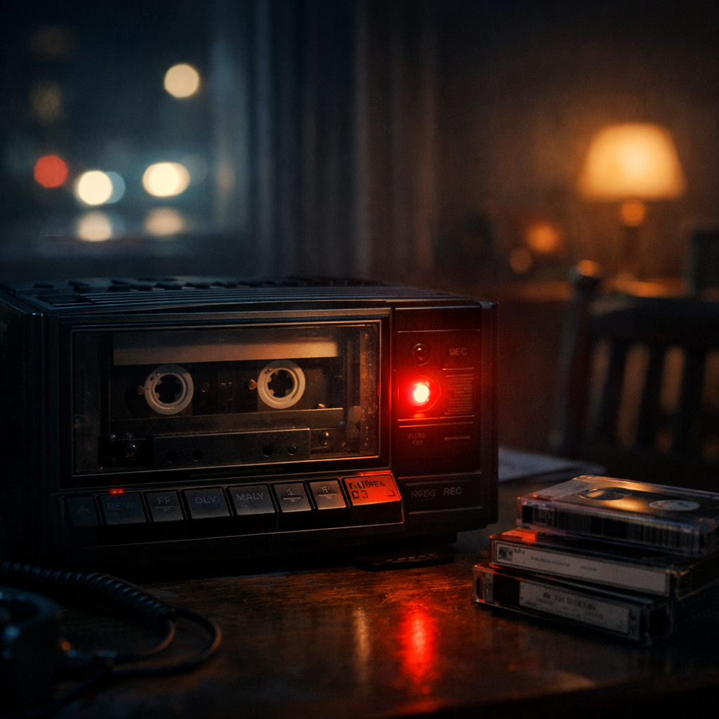 Radiocasete vintage con luz roja encendida y cintas de cassette sobre una mesa, evocando la nostalgia de la música ochentera y el silencio después de la canción