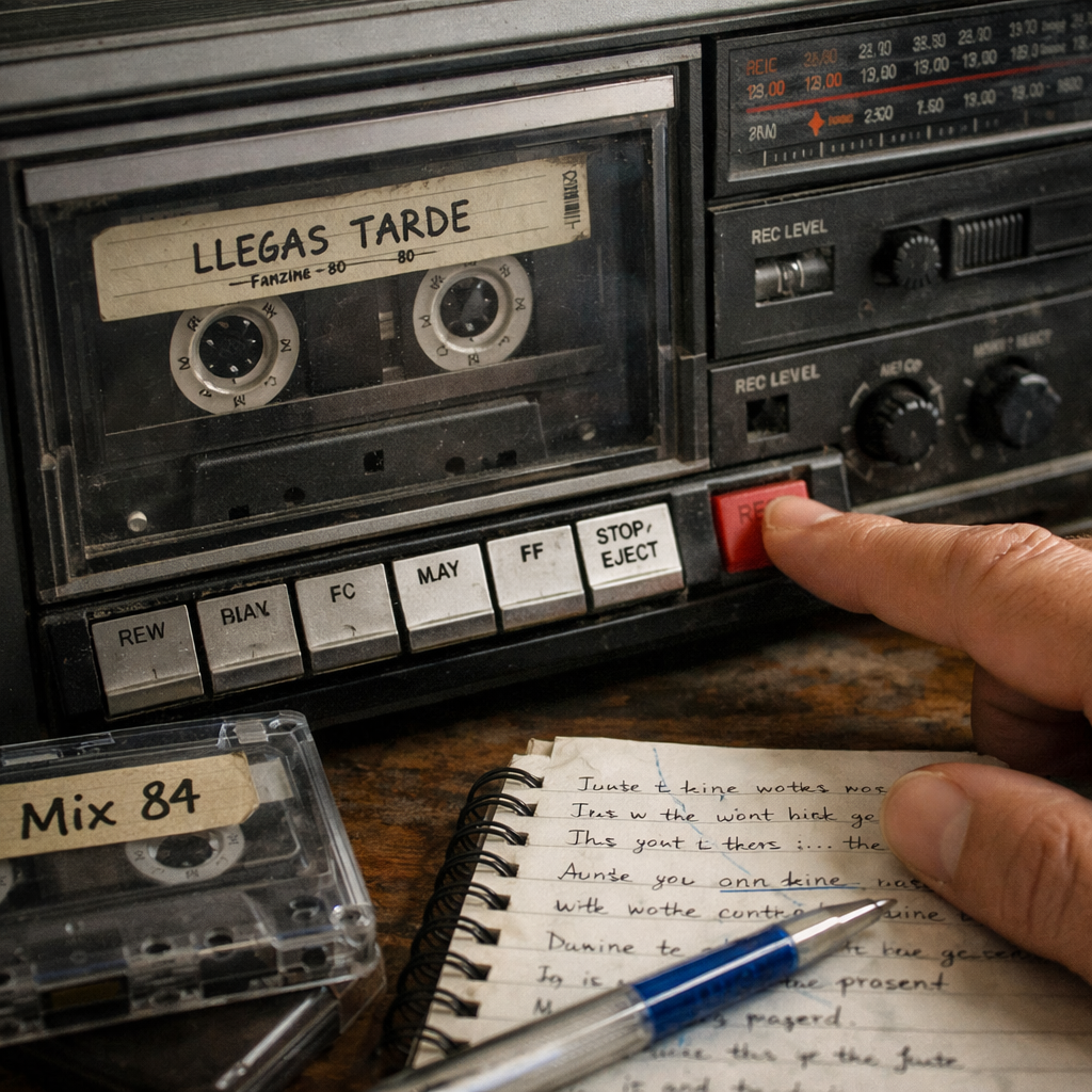Mano presionando el botón REC de un radiocasete vintage para grabar música de la radio, con cintas y libreta sobre la mesa, evocando la nostalgia analógica de los años 80