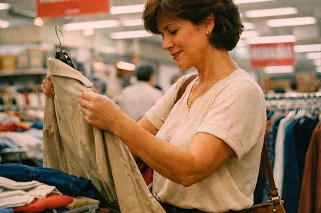 Tienda de los años 80 con luz blanca y mujer mirando ropa mientras suena música, evocando la nostalgia y juventud oculta en I Won’t Let The Sun Go Down On Me de Nik Kershaw