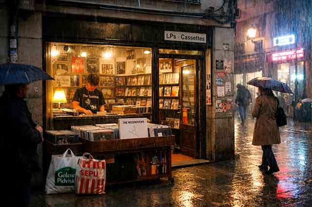 Tienda de discos en Madrid con lluvia en el cristal y dependiente con camiseta de The Smiths, evocando la nostalgia y refugio musical de Well Well Well de The Woodentops