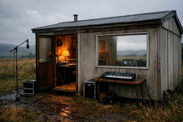 Estudio prefabricado en un campo con cantante frente a micrófono y sintetizador Casio, evocando la fragilidad y belleza imperfecta de (Feels Like) Heaven de Fiction Factory