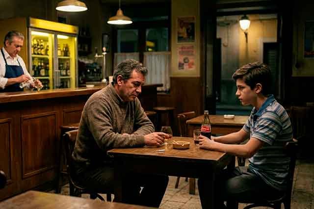 Bar vacío de los 80 con un padre y un hijo sentados en silencio, luz cálida y ambiente íntimo.