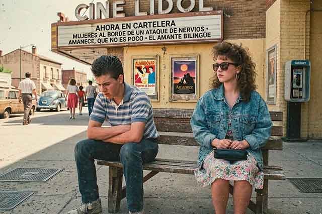 Dos adolescentes en un banco frente a un cine en 1988, en una imagen borrosa y cálida que evoca un primer amor que no fue.